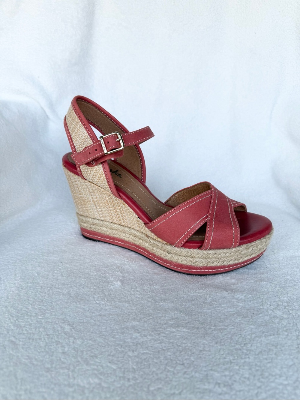 Clarks Orange/Beige Leather Wedge Espadrille Sandals Ankle Strap Buckle 6.5